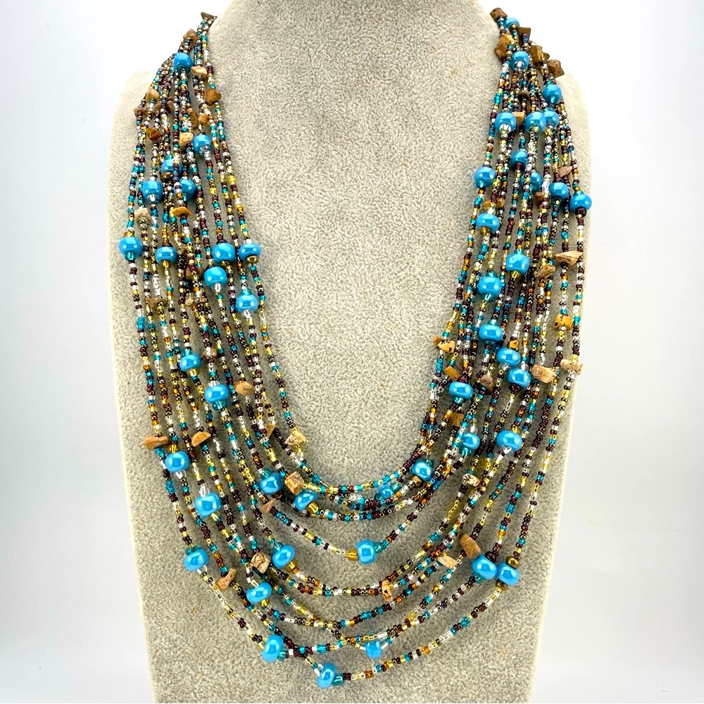 Boho Multistrand Necklace with Blue Glass, Stone & Seed Beads, 25” Long